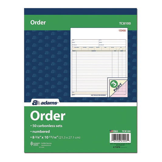 Adams Multipart Sales Order Pad, Three-Part Carbonless, 8.34 x 10.19, 50 Forms Total (TC8100)