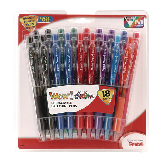 Pentel WOW! Ballpoint Pen, Retractable, Medium 1 mm, Assorted Ink and Barrel Colors, 18/Pack (BK440BP18M)