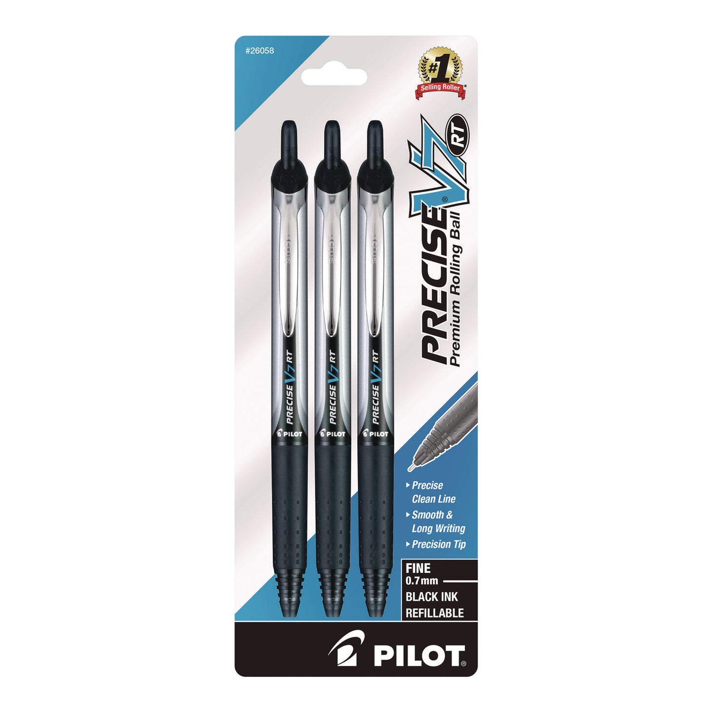 Pilot Precise V7RT Roller Ball Pen, Retractable, Fine 0.7 mm, Black Ink and Barrel, 3/Pack (26058)