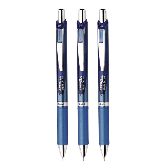 Pentel EnerGel RTX Deluxe Gel Pen, Retractable, Fine 0.5 mm, Blue Ink, Blue/Silver Barrel, 3/Pack (BLN75BP3C)