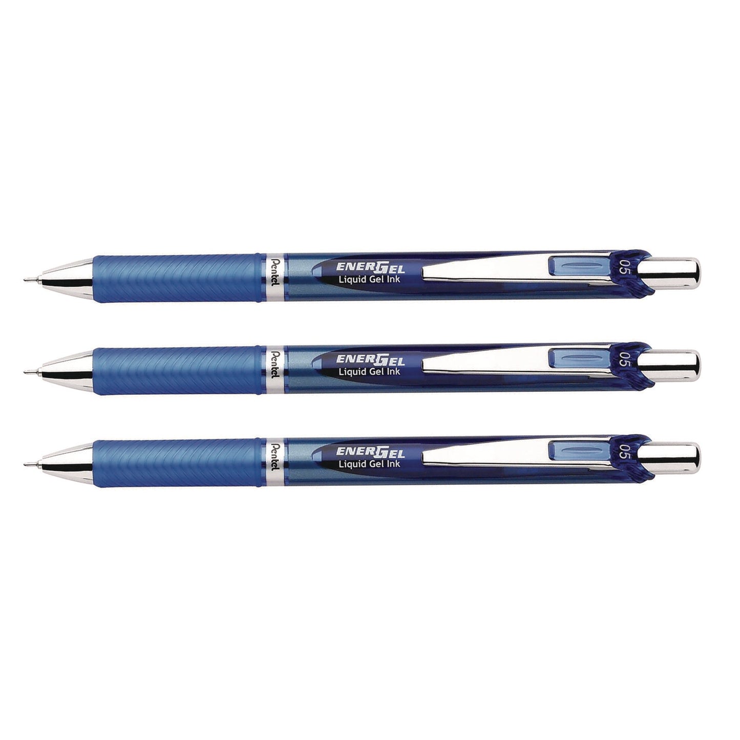Pentel EnerGel RTX Deluxe Gel Pen, Retractable, Fine 0.5 mm, Blue Ink, Blue/Silver Barrel, 3/Pack (BLN75BP3C)
