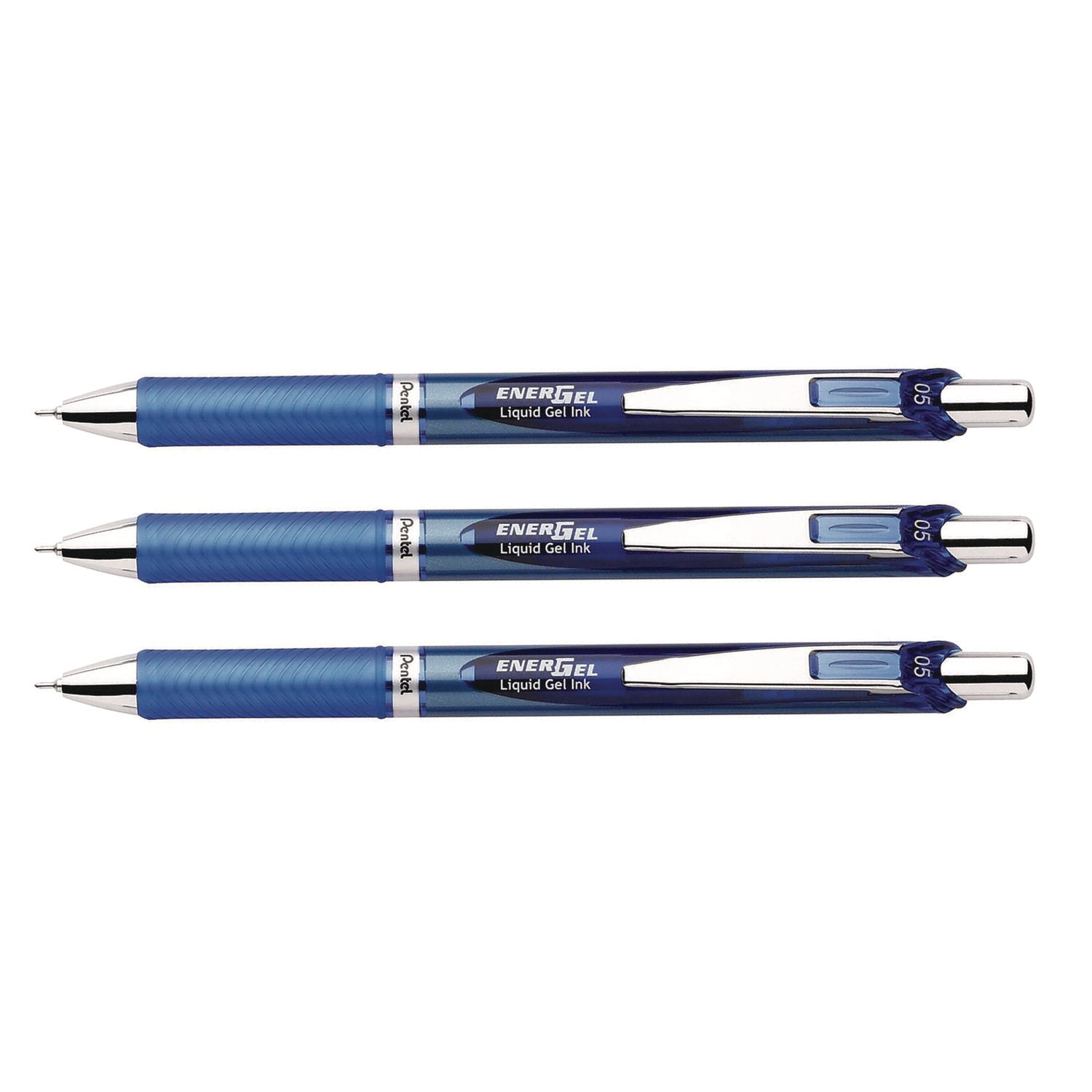 Pentel EnerGel RTX Deluxe Gel Pen, Retractable, Fine 0.5 mm, Blue Ink, Blue/Silver Barrel, 3/Pack (BLN75BP3C)