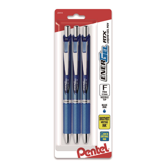 Pentel EnerGel RTX Deluxe Gel Pen, Retractable, Fine 0.5 mm, Blue Ink, Blue/Silver Barrel, 3/Pack (BLN75BP3C)