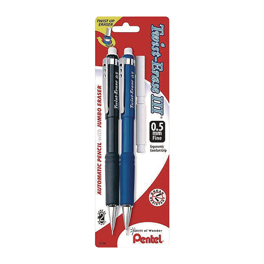 Pentel Twist-Erase III Mechanical Pencil, 0.5 mm, HB (#2), Black Lead, Black/Blue Barrel, 2/Pack (QE515BPK6)