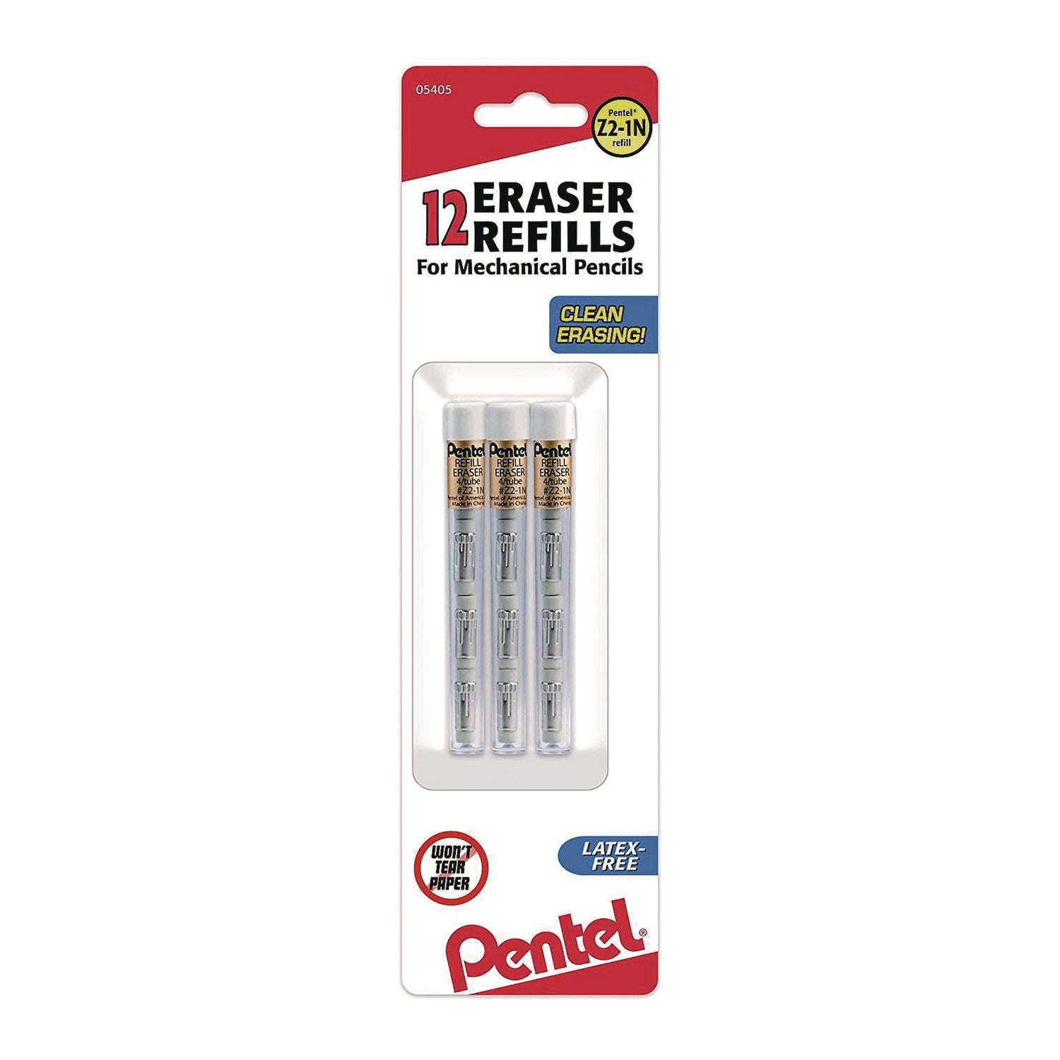 Pentel Eraser Refills for Sharp Kerry/EnerGize-X/Wow Pencil/Gizmo/Cushi/Hot Shots/Technica-X, White, 4/Tube, 3 Tubes/Pack (Z21BP3K6)