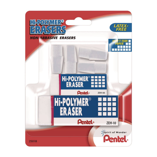 Pentel Hi-Polymer Eraser Assortment, (4) Pencil Caps/(1) Large Block/(1) Small Block, White, 6/Pack (ZEH2510BP)