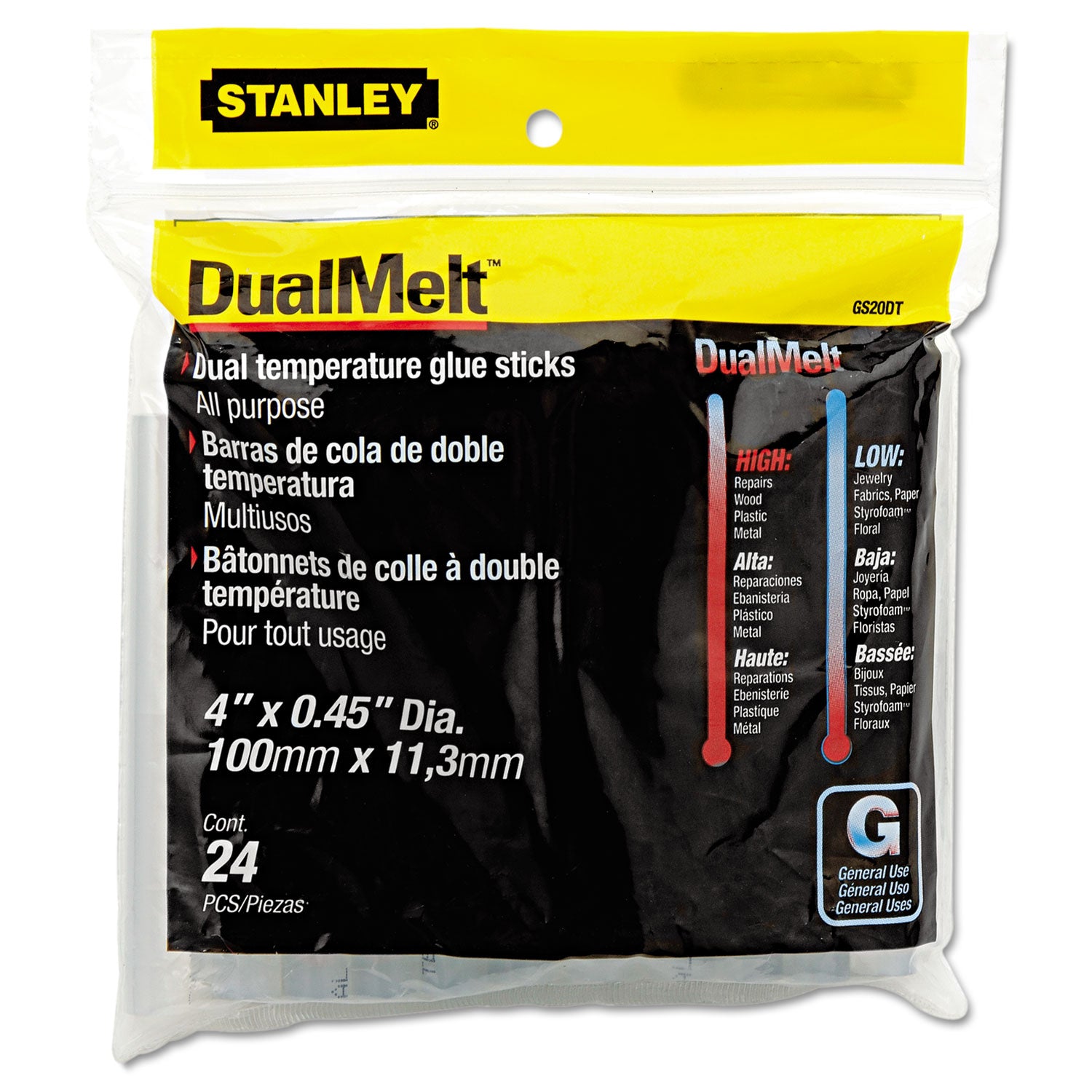 Stanley Dual Temperature Glue Sticks, 0.45" x 4", Dries Clear, 24/Pack (GS20DT)