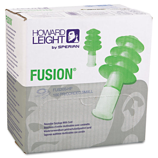 Howard Leight FUS30S-HP Fusion Multiple-Use Earplugs, Small, 27NRR, Corded, GN/WE, 100 Pairs