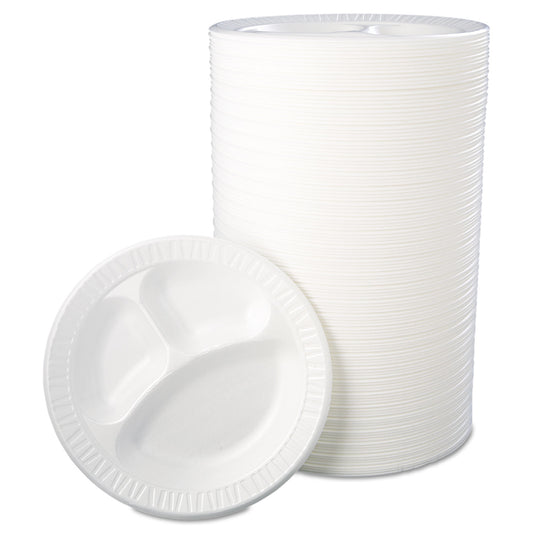 Dart Quiet Class Laminated Foam Dinnerware, 3-Compartment Plate, 10.25" dia, White, 125/Pack, 4 Packs/Carton (10CPWQR)