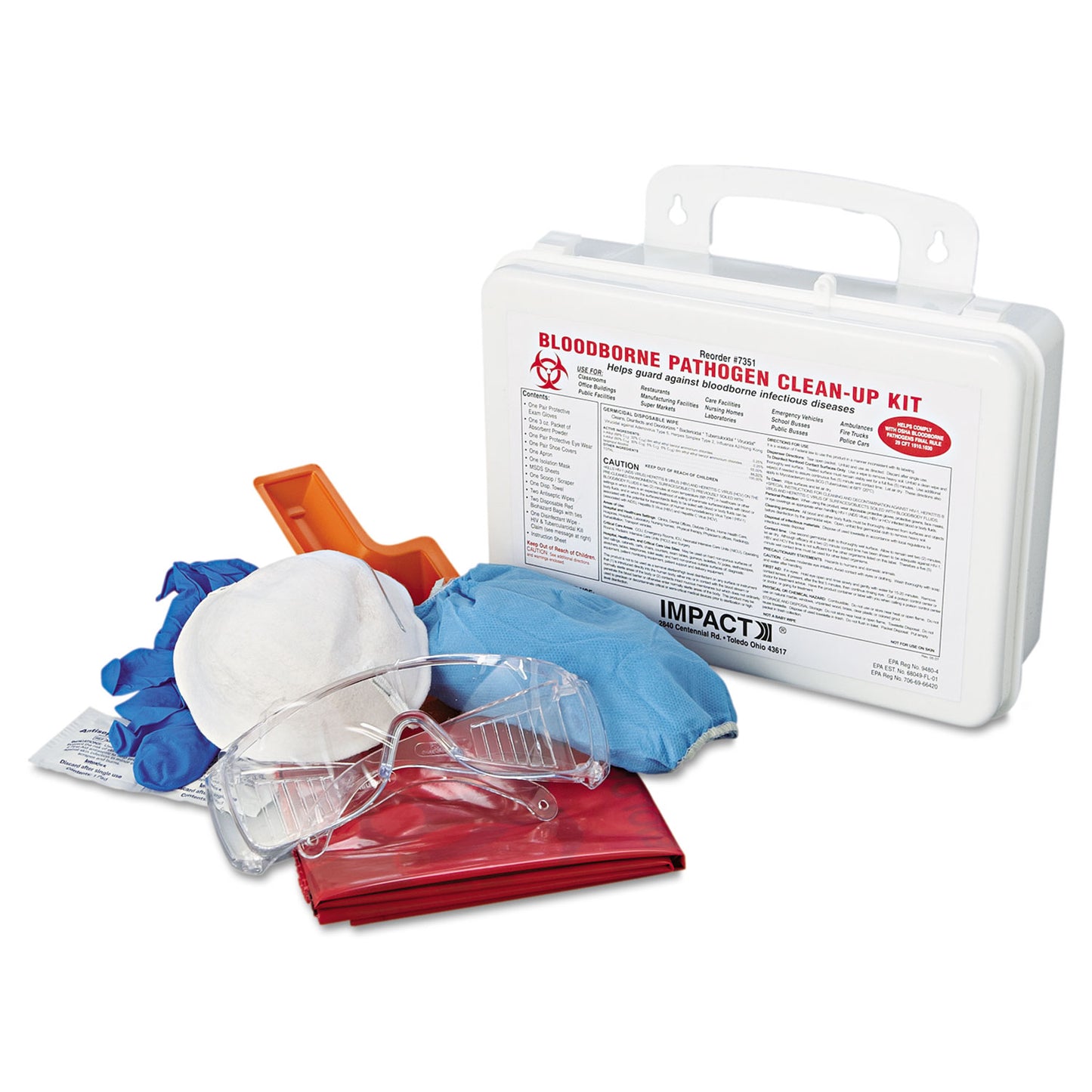 Impact Bloodborne Pathogen Cleanup Kit, 10 x 7 x 2.5, OSHA Compliant, Plastic Case (7351)