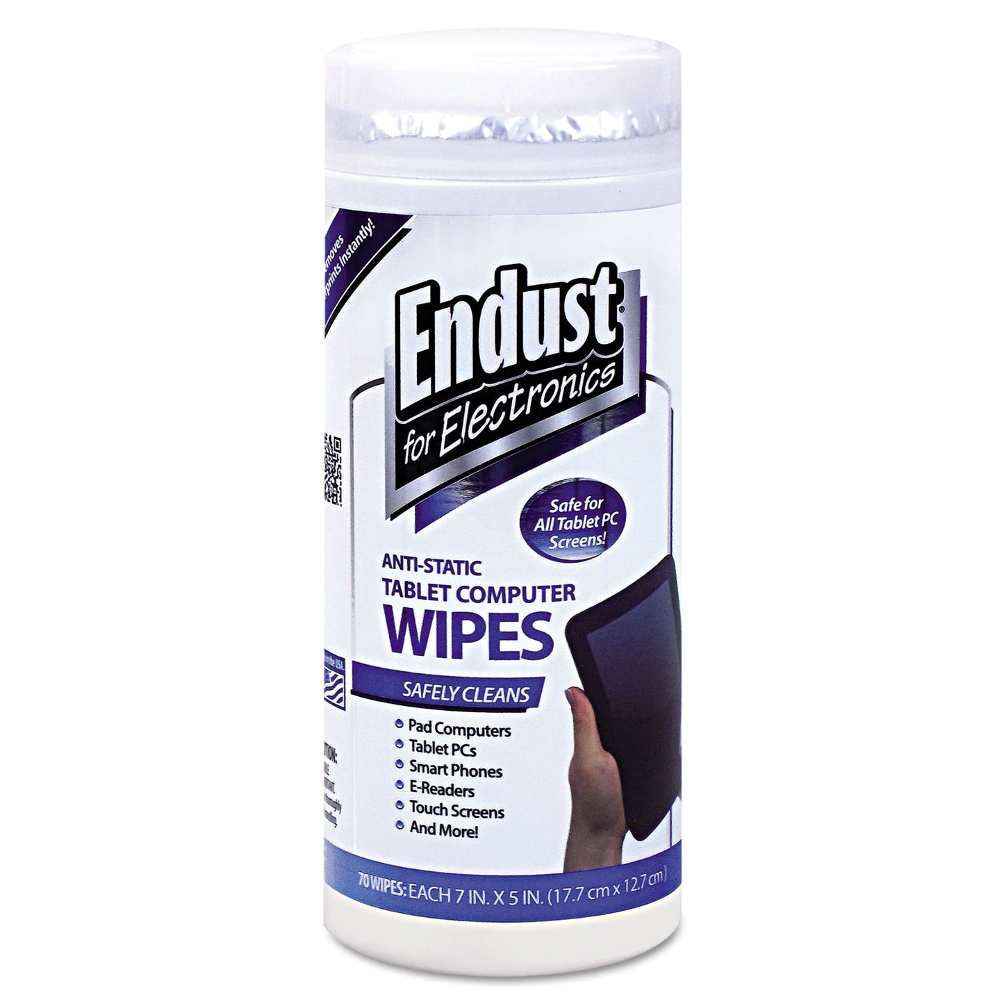 Endust Tablet and Laptop Cleaning Wipes, 5 x 7, Unscented, White, 70/Tub (12596)