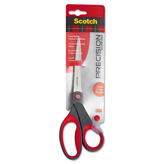 Scotch Precision Scissors, 8" Long, 3.13" Cut Length, Straight Gray/Red Handle (1448)