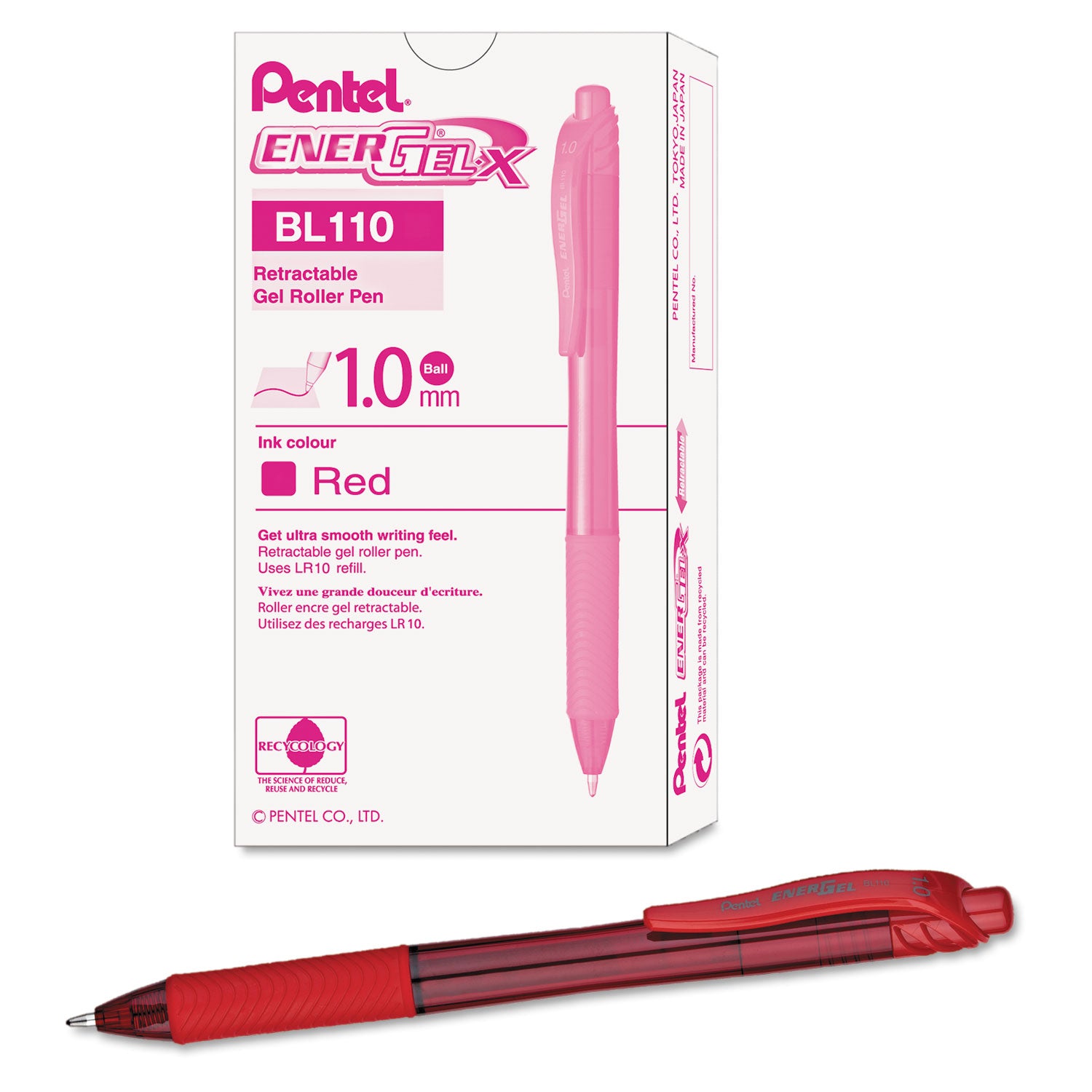 Pentel EnerGel-X Gel Pen, Retractable, Bold 1 mm, Red Ink, Translucent Red/Red Barrel, Dozen (BL110B)