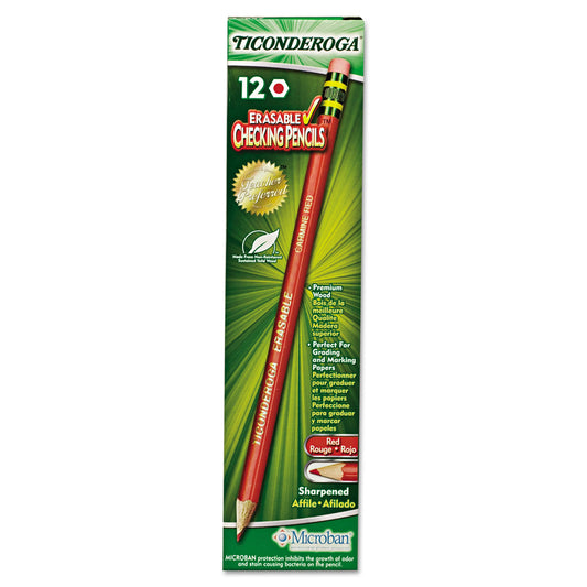 Ticonderoga Erasable Colored Pencils, 2.6 mm, 2B, Carmine Red Lead, Carmine Red Barrel, Dozen (14259)