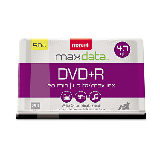 Maxell DVD+R High-Speed Recordable Disc, 4.7 GB, 16x, Spindle, Silver, 50/Pack (639013)