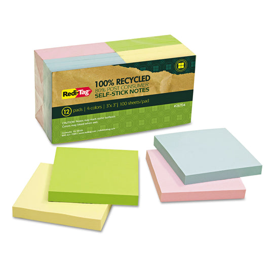 Redi-Tag 100% Recycled Self-Stick Notes, 3" x 3", Assorted Pastel Colors, 100 Sheets/Pad, 12 Pads/Pack (26704)