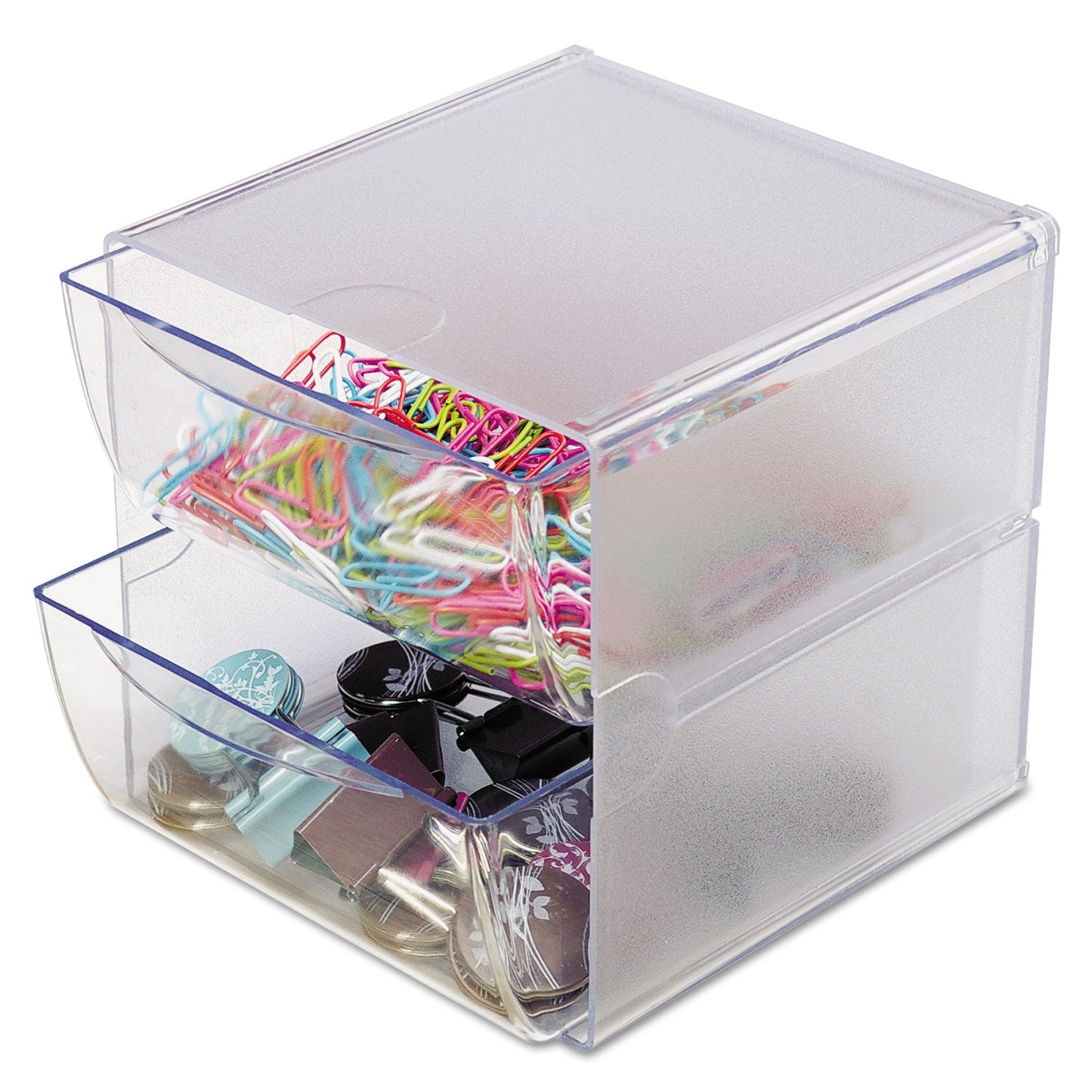 Deflecto Stackable Cube Organizer, 2 Compartments, 2 Drawers, Plastic, 6 x 7.2 x 6, Clear (350101)