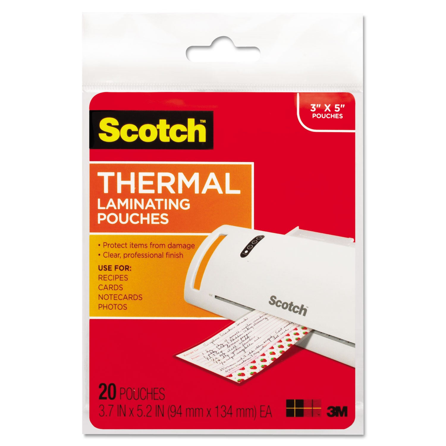 Scotch Laminating Pouches, 5 mil, 5.38" x 3.75", Gloss Clear, 20/Pack (TP590220)