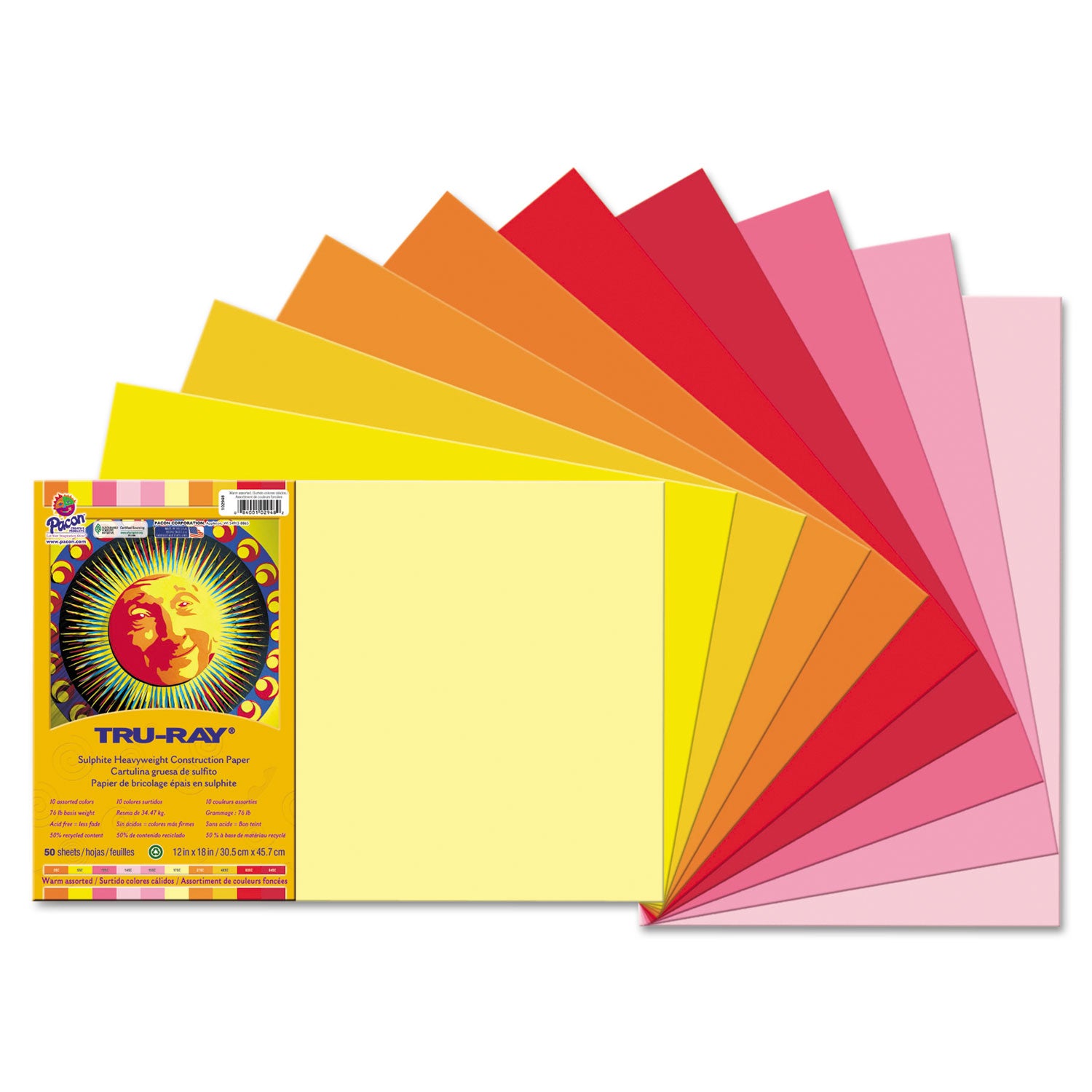 Pacon Tru-Ray Construction Paper, 76 lb Text Weight, 12 x 18, Assorted Cool/Warm Colors, 25/Pack (102948)