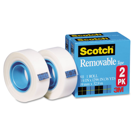Scotch Removable Tape, 1" Core, 0.75" x 36 yds, Transparent, 2/Pack (8112PK)
