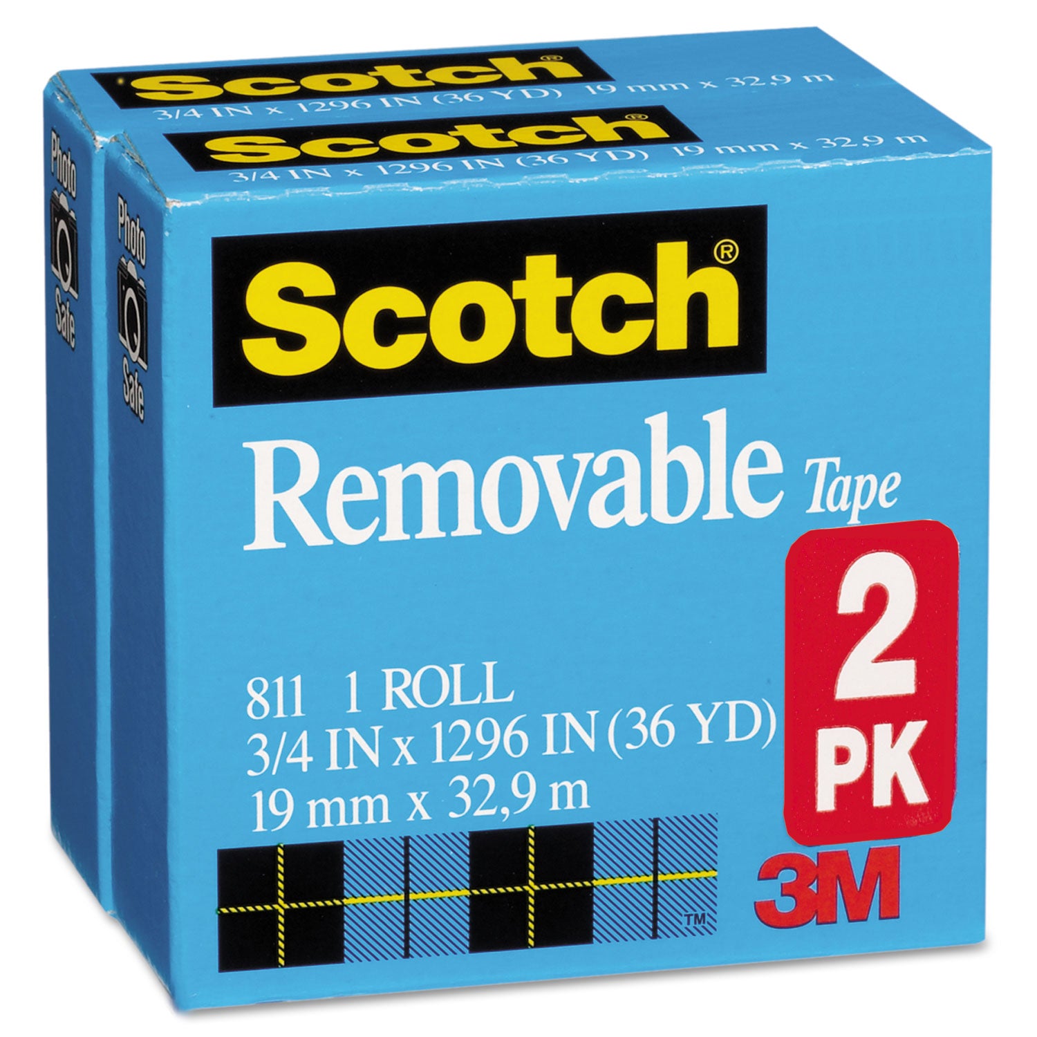 Scotch Removable Tape, 1" Core, 0.75" x 36 yds, Transparent, 2/Pack (8112PK)