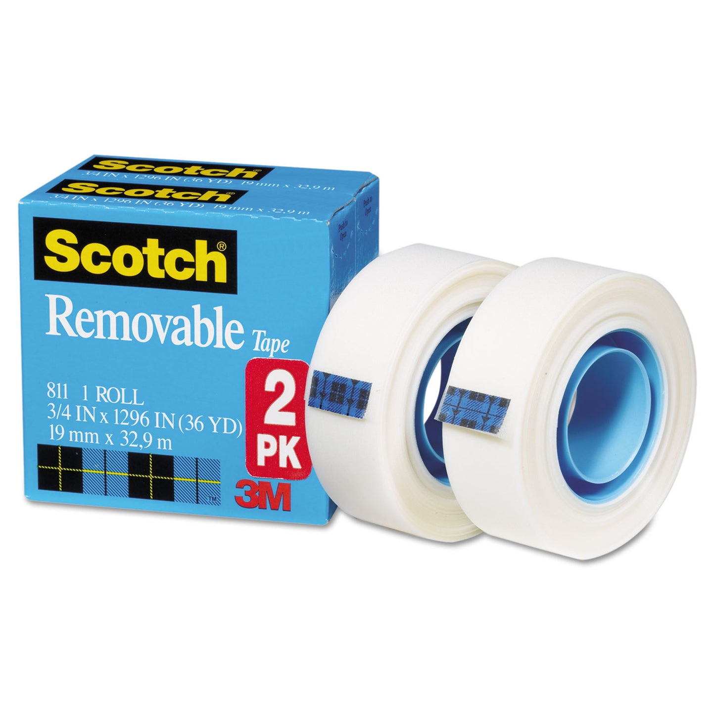 Scotch Removable Tape, 1" Core, 0.75" x 36 yds, Transparent, 2/Pack (8112PK)