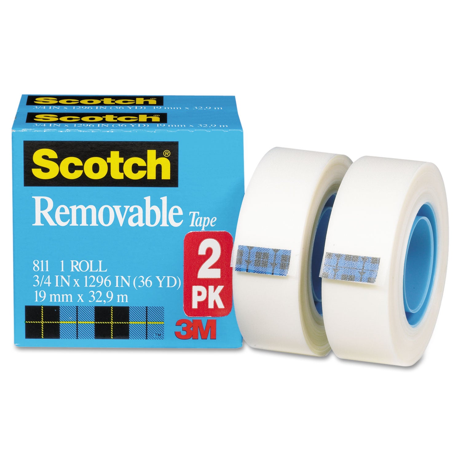 Scotch Removable Tape, 1" Core, 0.75" x 36 yds, Transparent, 2/Pack (8112PK)