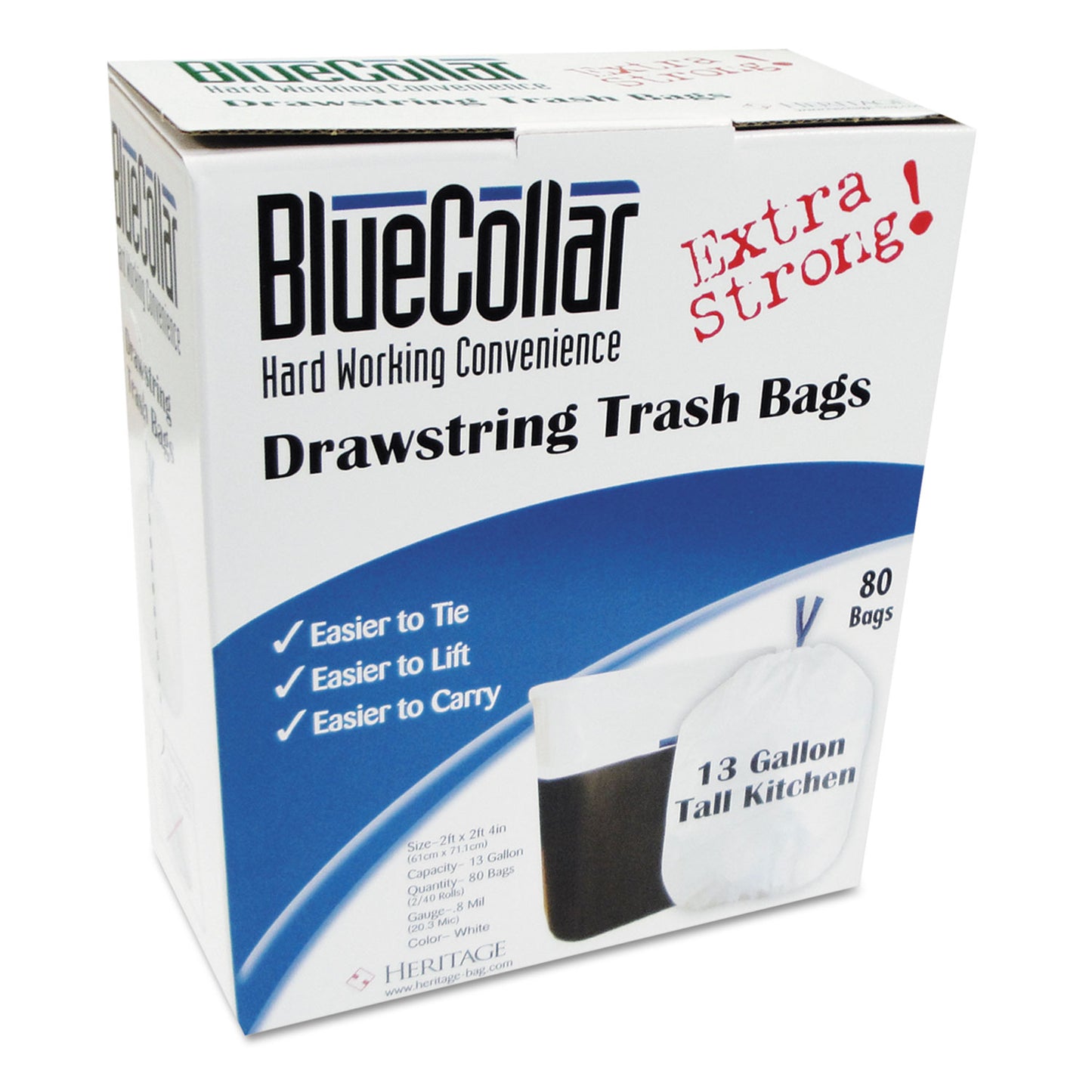 BlueCollar Drawstring Trash Bags, Drawstring, 13 gal, 24" x 28", White, 40 Bags/Roll, 2 Rolls/Box (N4828EWRC1)