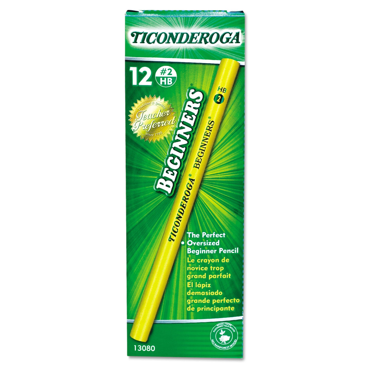 Dixon Ticonderoga Beginners Woodcase Pencil with Microban Protection, HB (#2), Black Lead, Yellow Barrel, Dozen (13080)