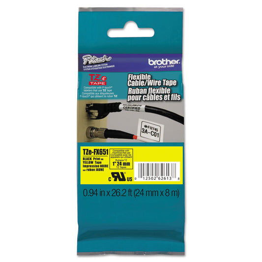 Brother TZe Flexible Tape Cartridge for P-Touch Labelers, 0.94" x 26.2 ft, Black on Yellow (TZEFX651)