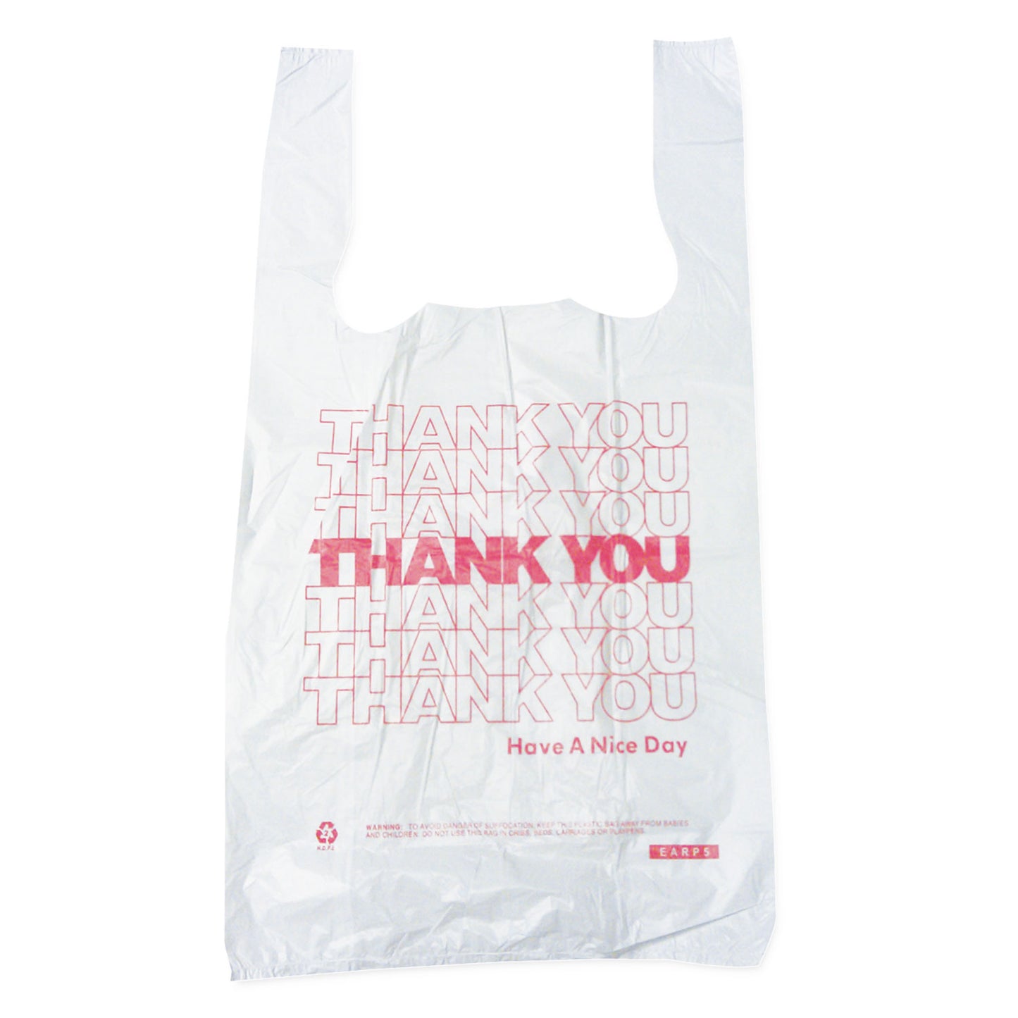 Barnes Paper Company Plastic Thank-You T-Sack, Thank You - Have a Nice Day Labeling, Cut-Out Handles, 4" x 6" x 15", White/Red, 2,000/Carton (6415THYOU)
