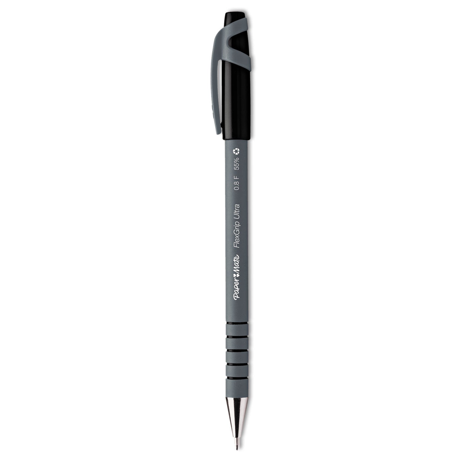 Paper Mate FlexGrip Ultra Recycled Ballpoint Pen, Stick, Fine 0.8 mm, Black Ink, Gray Barrel, Dozen (9680131)