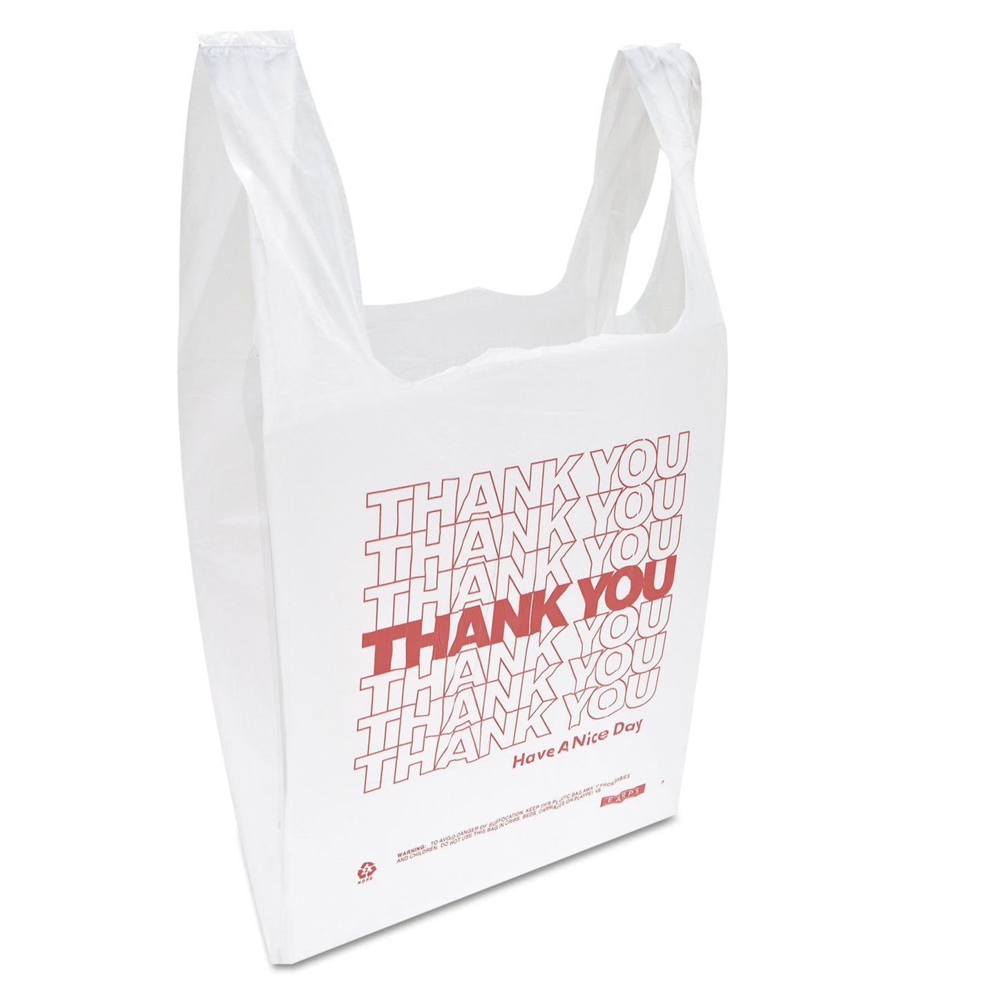 Inteplast Group "Thank You" Handled T-Shirt Bag, Have a Nice Day Labeling, Cut-Out Handles, 11.5" x 6.5" x 21", White/Red, 900/Carton (THW1VAL)