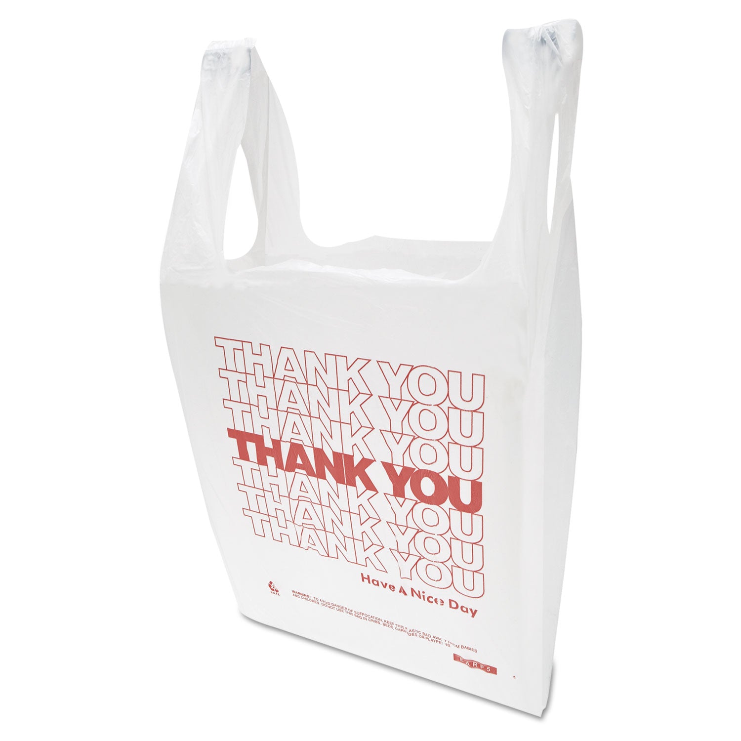 Inteplast Group "Thank You" Handled T-Shirt Bag, Have a Nice Day Labeling, Cut-Out Handles, 11.5" x 6.5" x 21", White/Red, 900/Carton (THW1VAL)