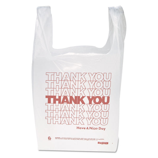 Inteplast Group "Thank You" Handled T-Shirt Bag, Have a Nice Day Labeling, Cut-Out Handles, 11.5" x 6.5" x 21", White/Red, 900/Carton (THW1VAL)