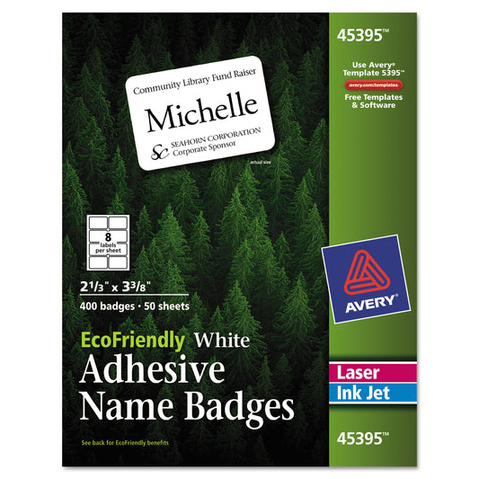 Avery EcoFriendly Adhesive Name Badge Labels, 3.38 x 2.33, White, 400/Box (45395)