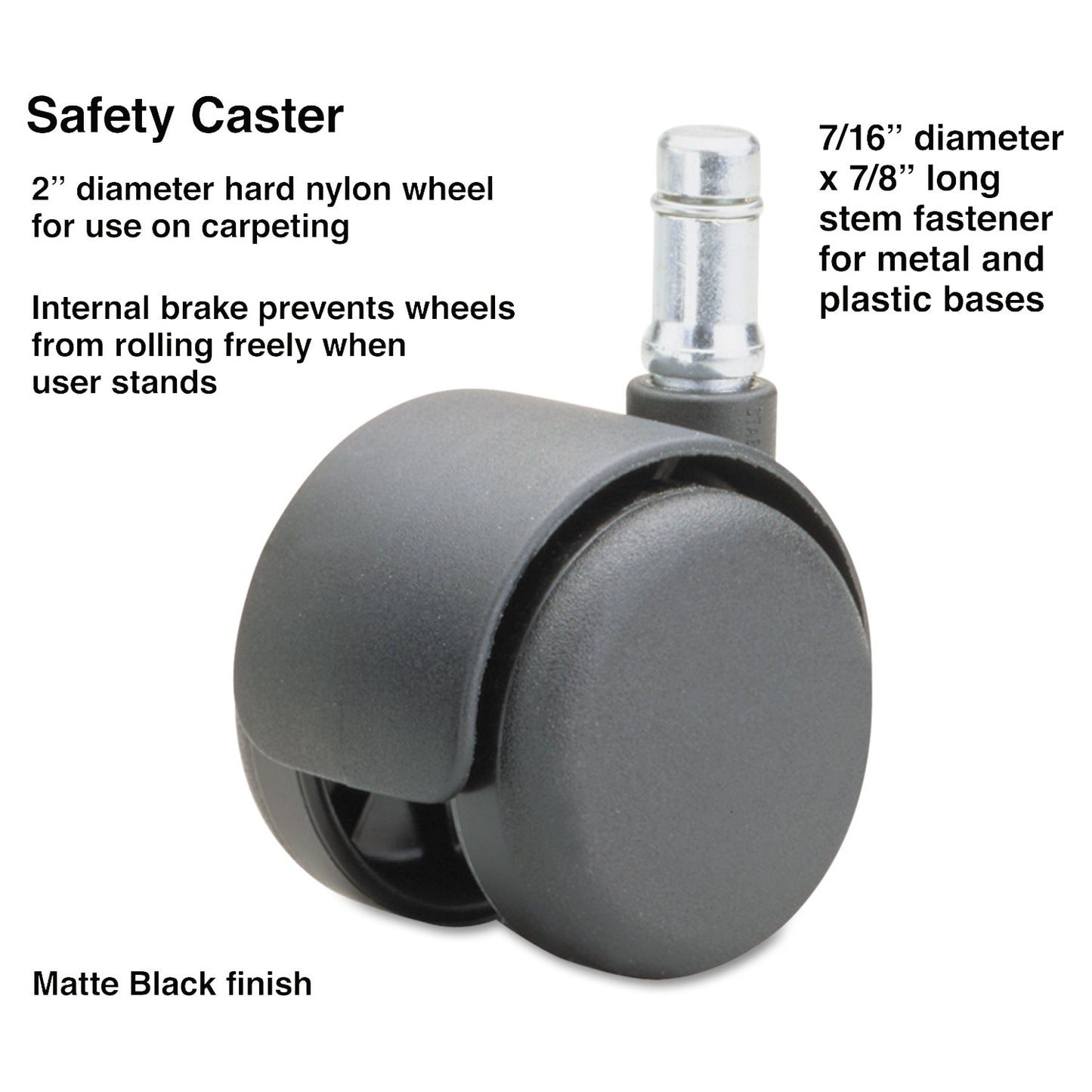 Master Caster Safety Casters, Standard Neck, Grip Ring Type B Stem, 2" Hard Nylon Wheel, Matte Black, 5/Set (64234)