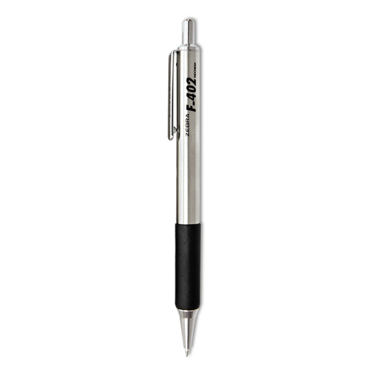 Zebra F-402 Ballpoint Pen, Retractable, Fine 0.7 mm, Black Ink, Stainless Steel/Black Barrel, 2/Pack (29212)