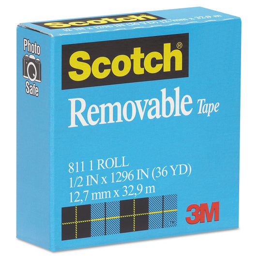 Scotch Removable Tape, 1" Core, 0.5" x 36 yds, Transparent (811121296)
