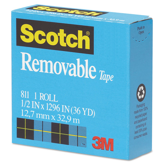 Scotch Removable Tape, 1" Core, 0.5" x 36 yds, Transparent (811121296)