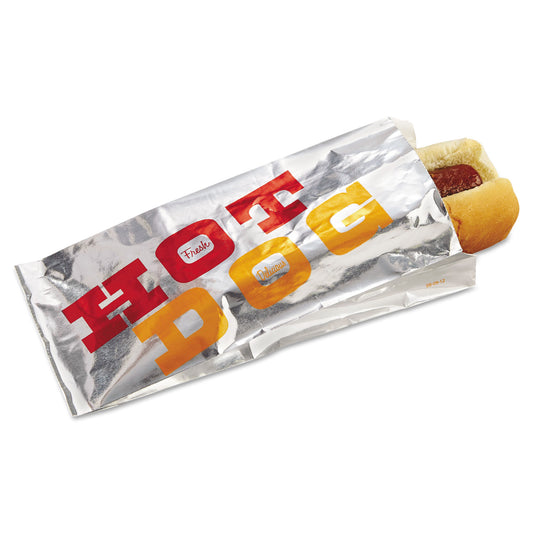 Bagcraft Foil Single-Serve Bags, Hot Dog Labeling, 3.5" x 1.5" x 8.5", Silver/Red/Orange, 1,000/Carton (300455)