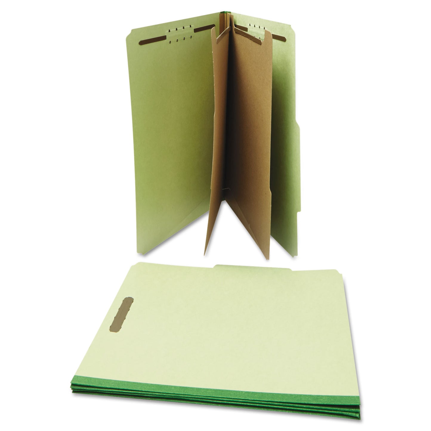 Universal Six-Section Pressboard Classification Folders, 2" Expansion, 2 Dividers, 6 Fasteners, Letter Size, Green Exterior, 10/Box (10271)