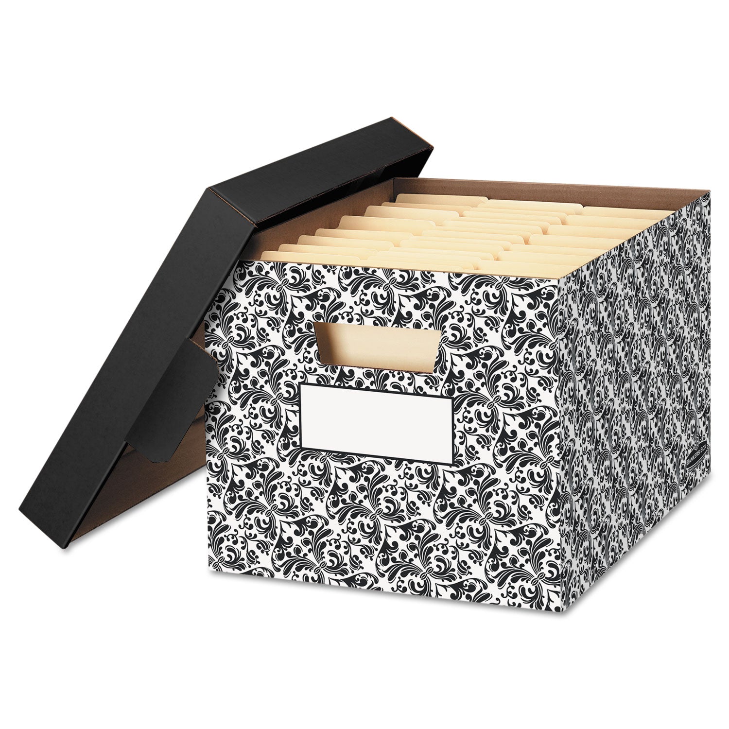 Bankers Box STOR/FILE Decorative Medium-Duty Storage Box, Letter/Legal Files, 12.5" x 16.25" x 10.5", Black/White Brocade Design, 4/CT (0022705)