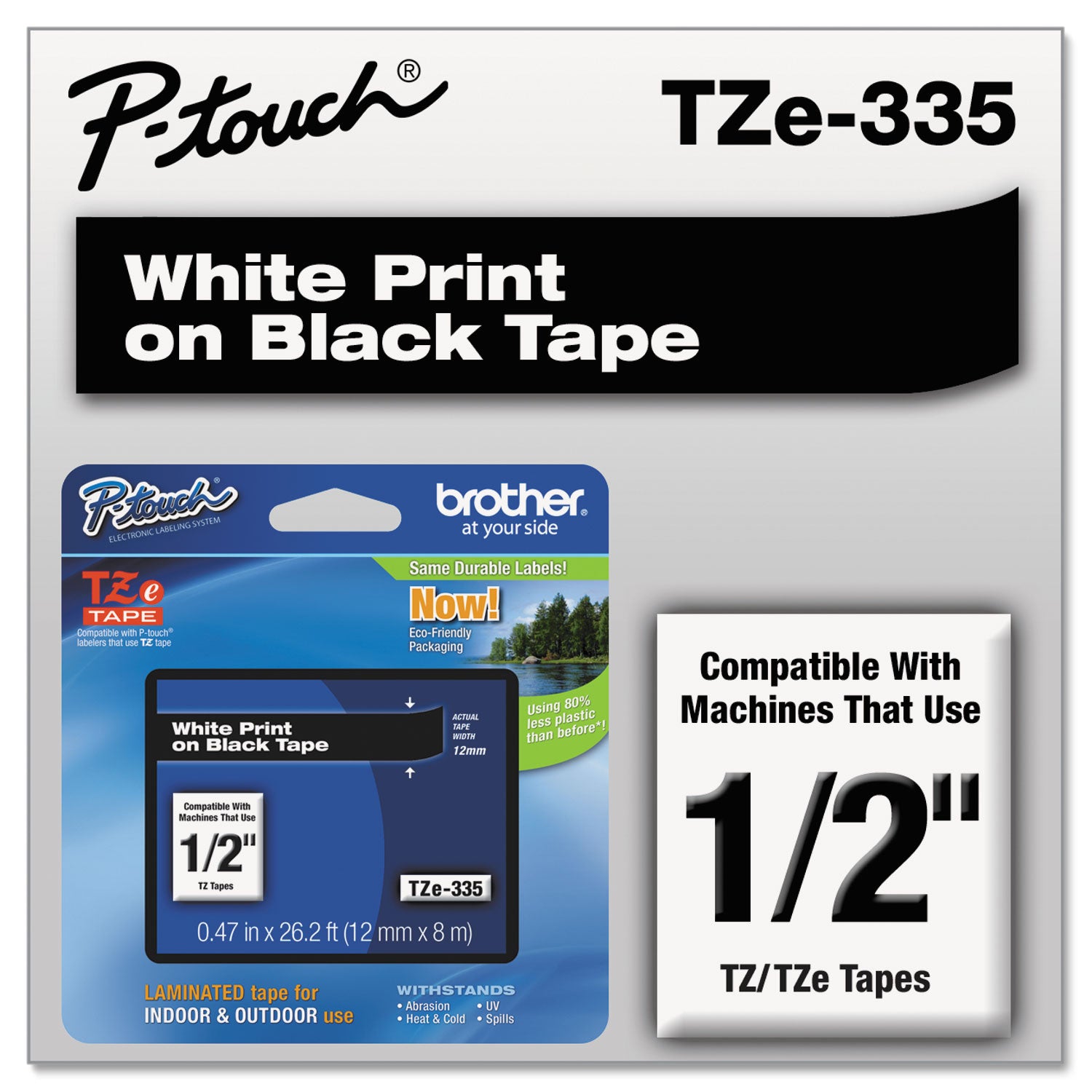 Brother TZe Standard Adhesive Laminated Labeling Tape, 0.47" x 26.2 ft, White on Black (TZE335)