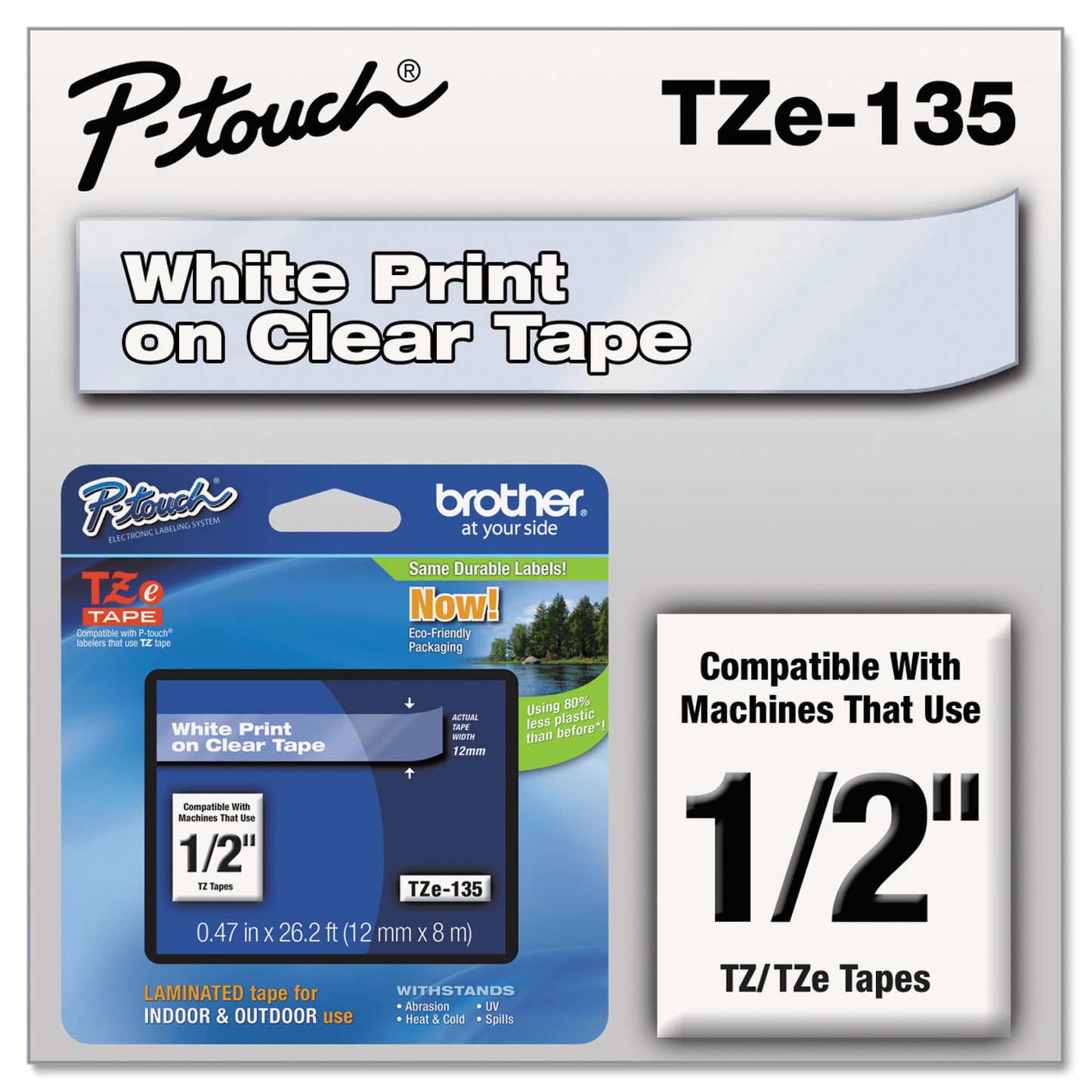 Brother TZe Standard Adhesive Laminated Labeling Tape, 0.47" x 26.2 ft, White on Clear (TZE135)