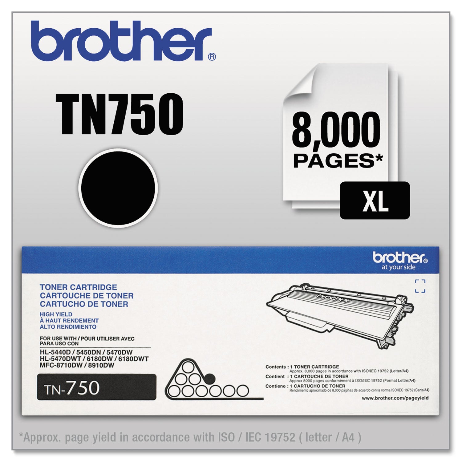 Brother TN750 High-Yield Toner, 8,000 Page-Yield, Black