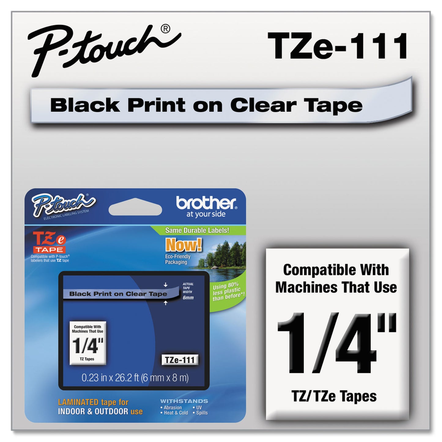 Brother TZe Standard Adhesive Laminated Labeling Tape, 0.23" x 26.2 ft, Black on Clear (TZE111)