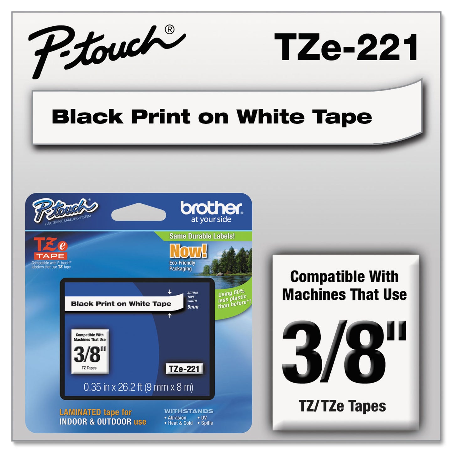 Brother TZe Standard Adhesive Laminated Labeling Tape, 0.35" x 26.2 ft, Black on White (TZE221)