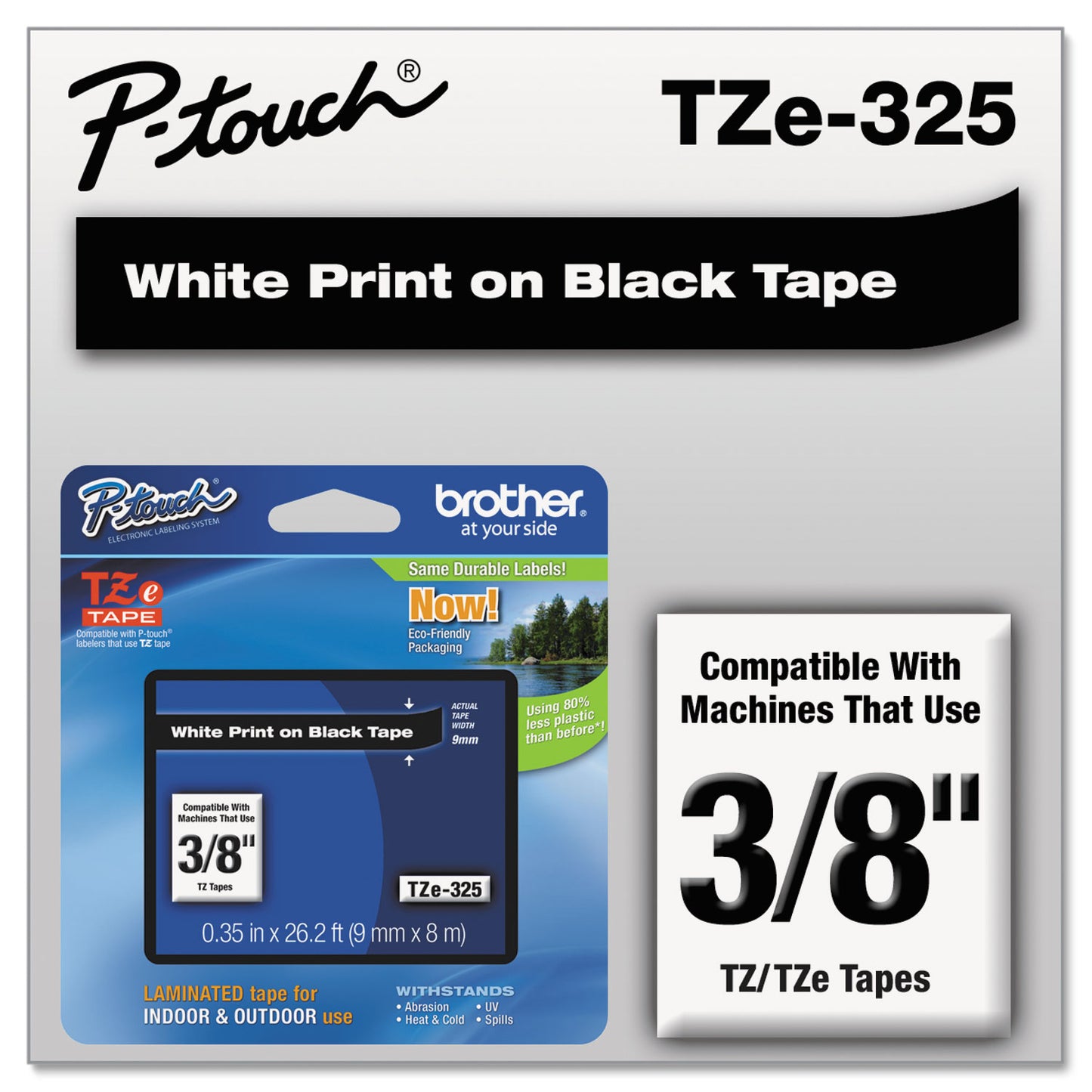 Brother TZe Standard Adhesive Laminated Labeling Tape, 0.35" x 26.2 ft, White on Black (TZE325)