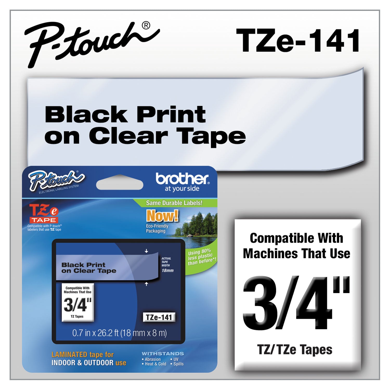 Brother TZe Standard Adhesive Laminated Labeling Tape, 0.7" x 26.2 ft, Black on Clear (TZE141)